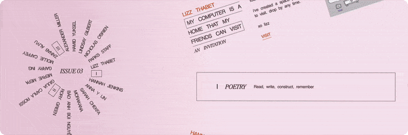 gif showing the webpage for Issue 03 of the HTML Review. The background is a soft cotton pink and the contents wheel on the left of the screen keeps spinning until it stops on 'Giulia Carla Rossi, FalseFriends.cpp, Interactive Essay'. A code editor blinks on the side of the title.