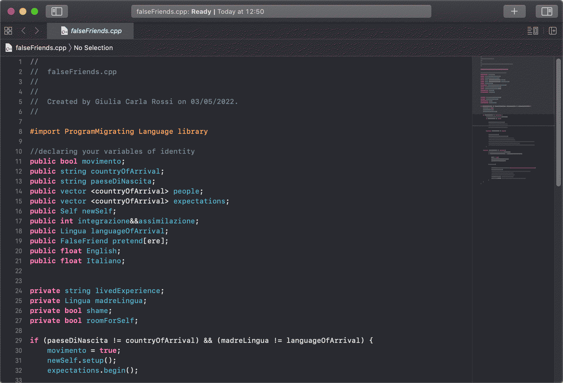Dithered screenshot from 'falseFriends.cpp' showing a code editor in dark mode and the beginning of the codework poem. The programMigrating Language library is imported and then the variables of identity are declared, divided into public and private. The ritualistic declaration sets the scene for the poem.